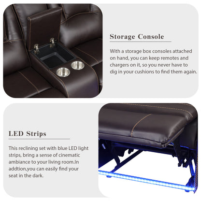 Modern Faux Leather Manual Reclining With Center Console And LED Light Strip, Living Room Furniture Set, Symmetrical Couch With 2 Cup Holders And Storage For Living Room - Brown