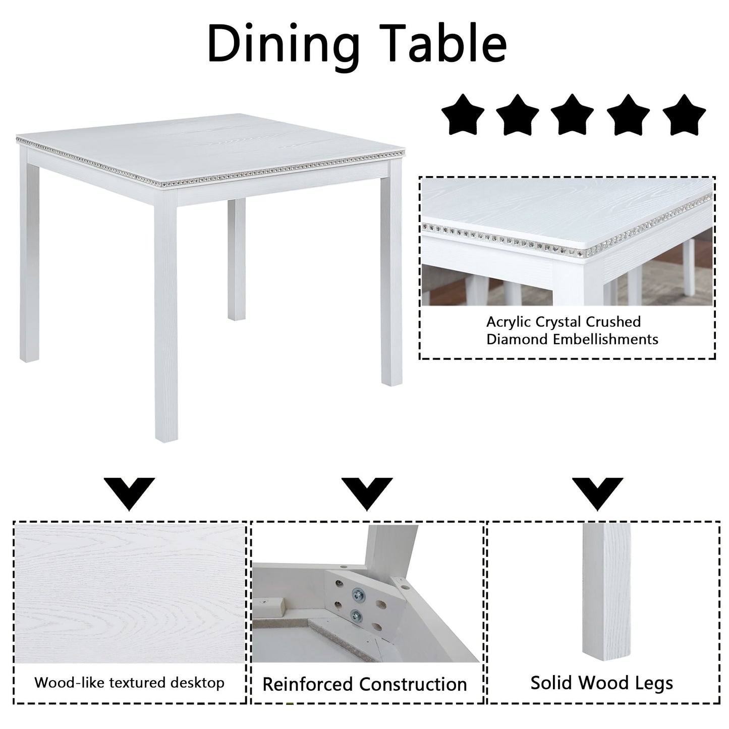 5 Piece Wooden Dining Table Set, Kitchen Table Set With 4 Upholstered Chairs, Wooden Table With Crystal Decoration And Chairs Set For Kitchen, Dining Room - White