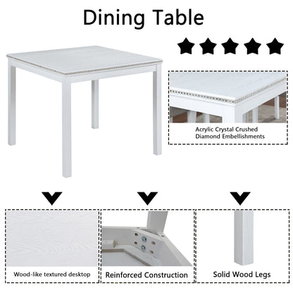 5 Piece Wooden Dining Table Set, Kitchen Table Set With 4 Upholstered Chairs, Wooden Table With Crystal Decoration And Chairs Set For Kitchen, Dining Room - White