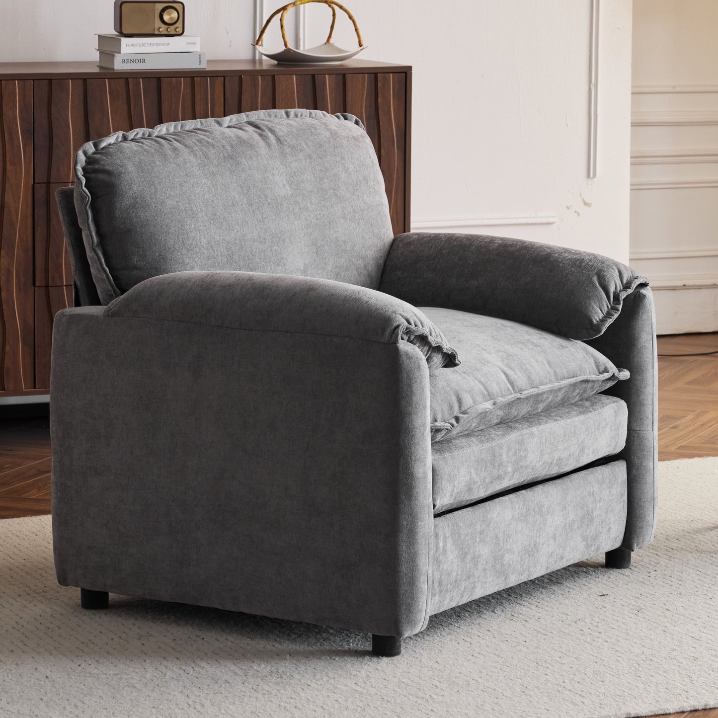 Oversized Reading Armchair With Thick Cushions, High Back Support - Gray
