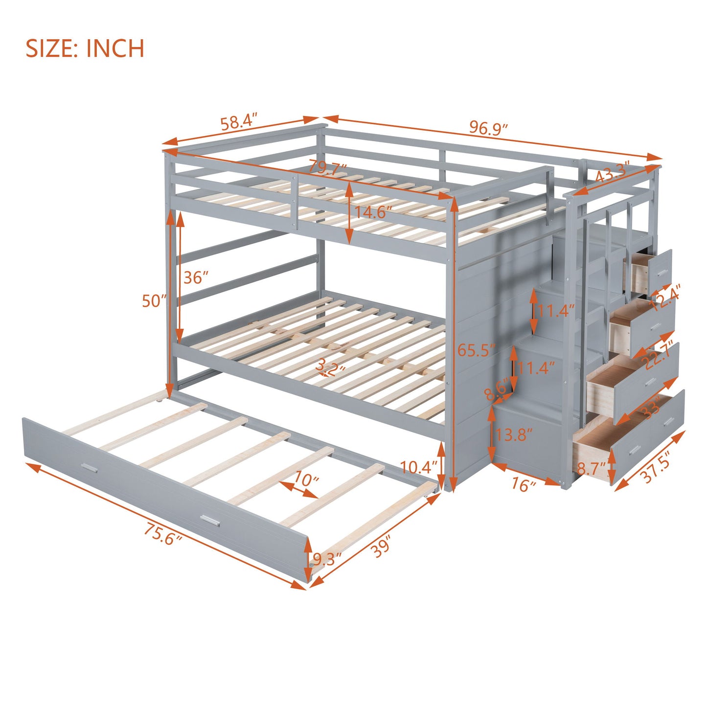 Full Over Full Bunk Bed With Twin Size Trundle And Staircase - Gray