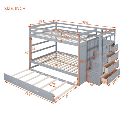 Full Over Full Bunk Bed With Twin Size Trundle And Staircase - Gray