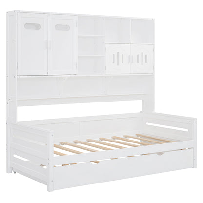 Twin Size Wooden Daybed With Twin Size Trundle, And All In One Cabinet And Shelf - White