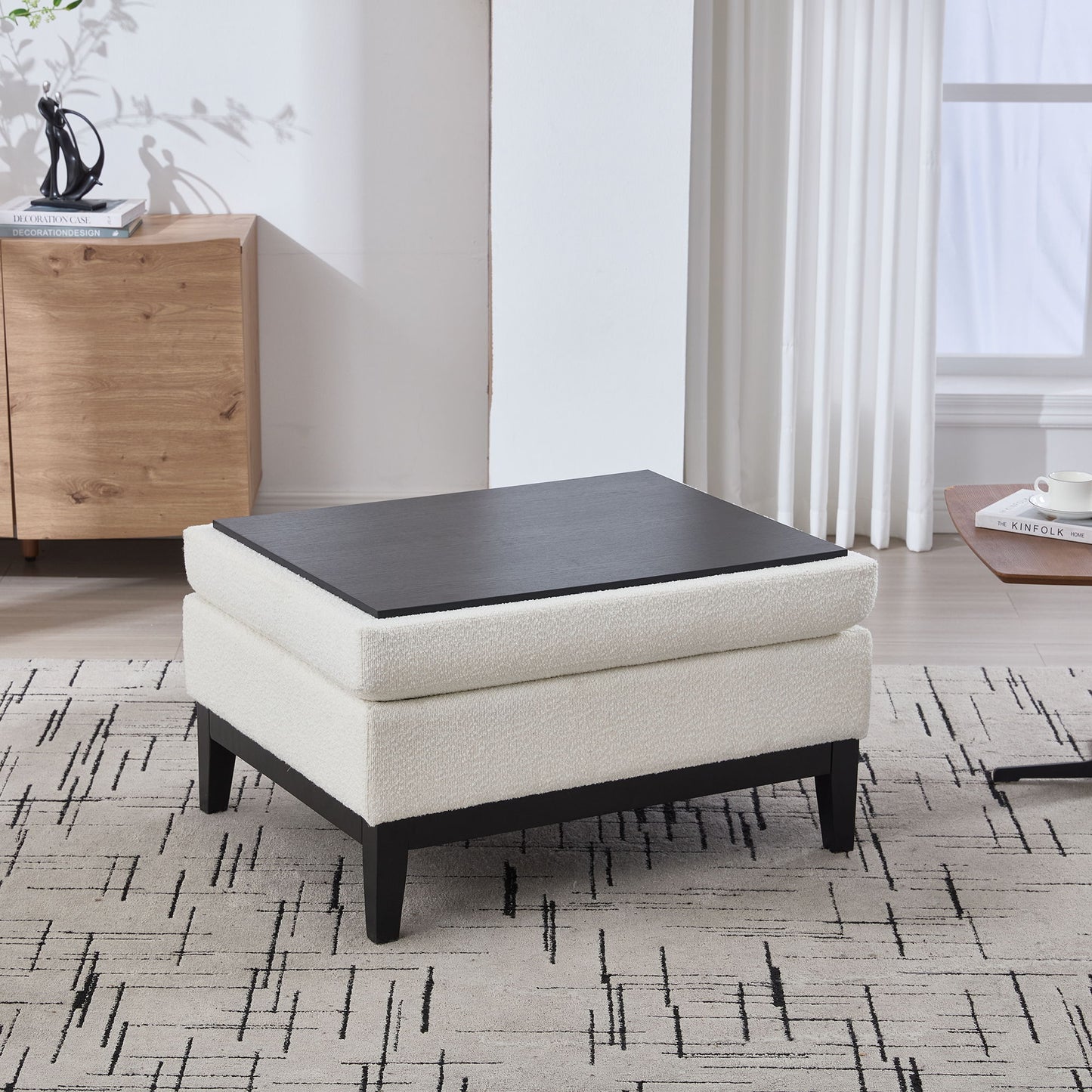 Upholstered Wood Base Storage Ottoman With Reversible Lid Coffee Table, Foot Stool Square Footrest With Rubberwood Legs For Living Room Bedroom Entryway And Office - Ivory