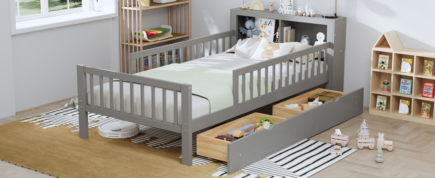 Twin Size Bed With Headboard Storage Rack, 2 Under Bed Drawers, 3 - Side Guardrails For Safety And Security - Gray