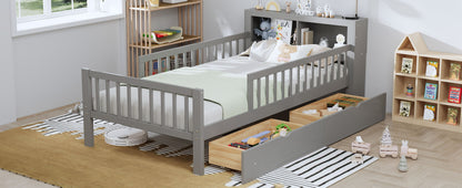 Twin Size Bed With Headboard Storage Rack, 2 Under Bed Drawers, 3 - Side Guardrails For Safety And Security - Gray
