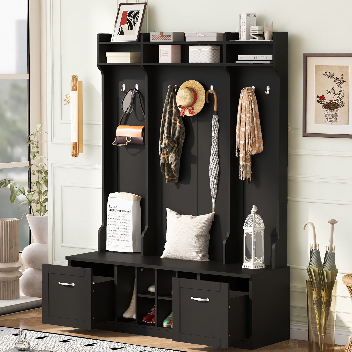 5 In 1 Entryway Bench With Coat Rack, 7 Sturdy Hooks, 2 Spacious Drawers And Adjustable Shelves, Wide Hall Tree With Metal Handles For Hallway - Black