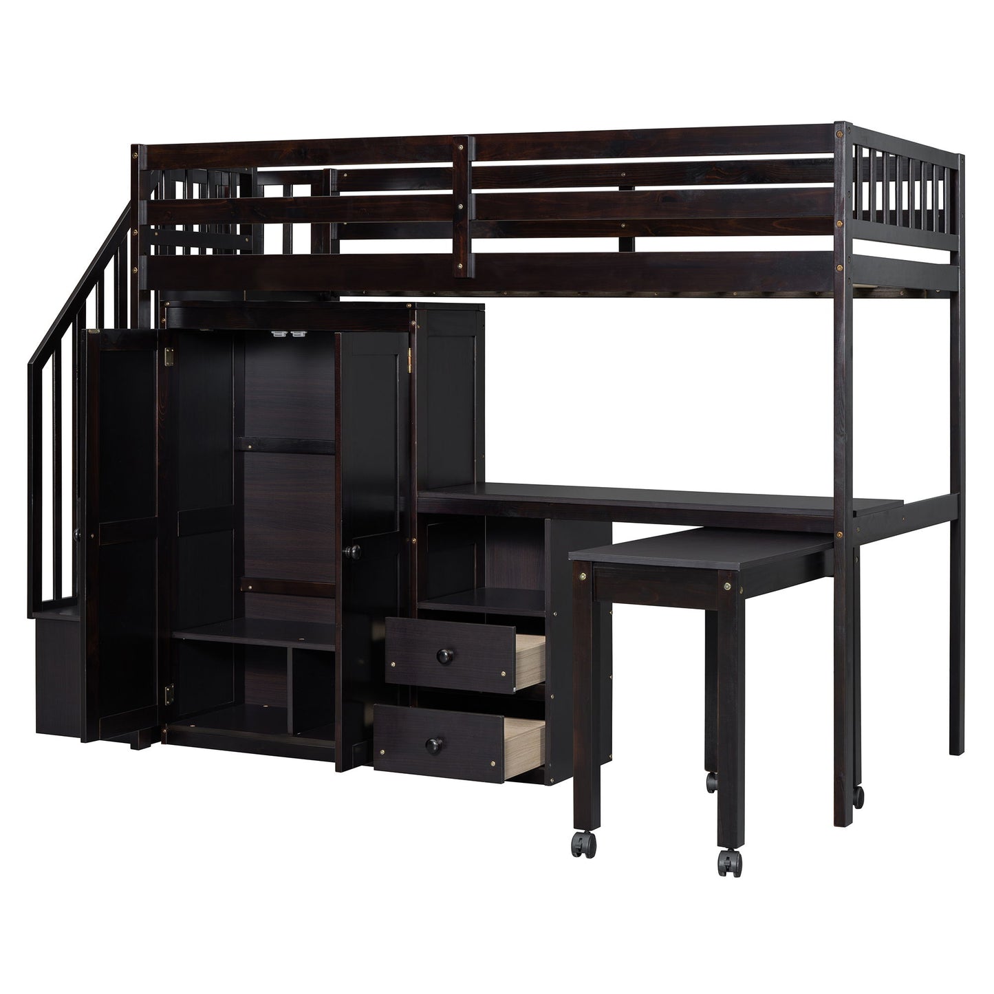 Twin Size Loft Bed With Stairs, Bookshelf, Drawers, Desk & Wardrobe, Space Saving Multifunctional Furniture - Espresso