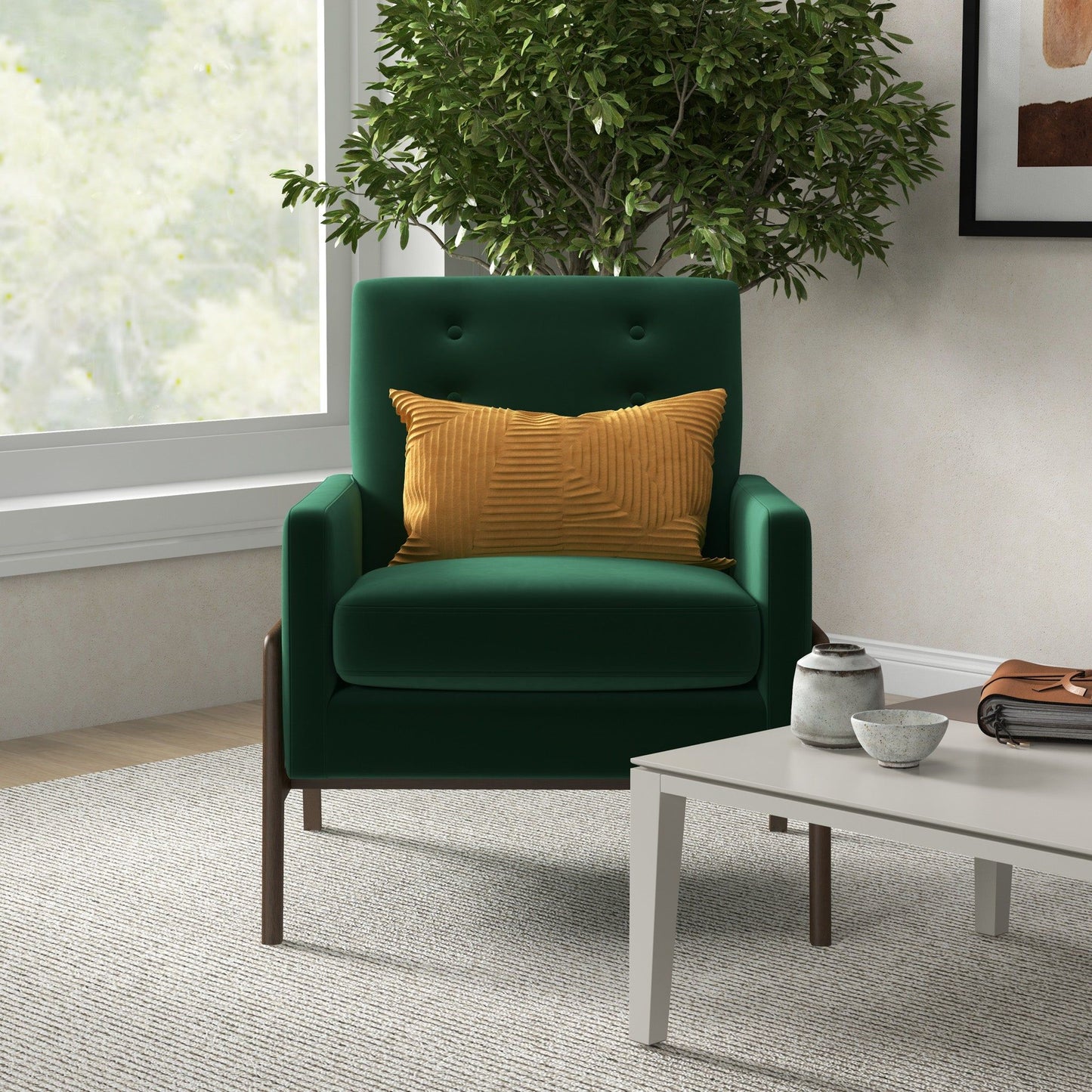 Cole - Solid Wood Lounge Chair - Green Fabric