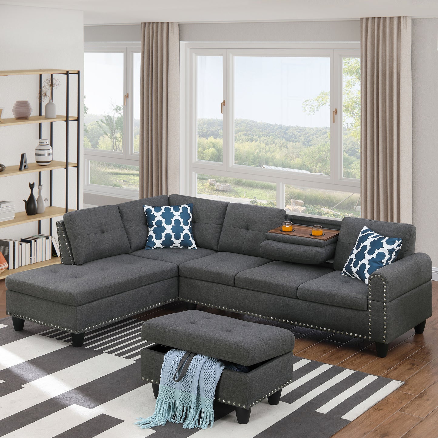 Alger - 98" Wide Left Hand Facing Sofa & Chaise With Ottoman - Dark Gray