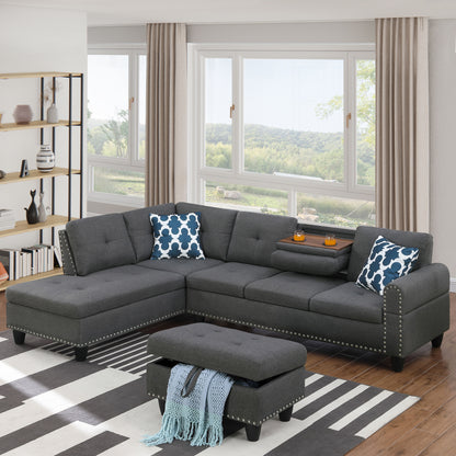 Alger - 98" Wide Left Hand Facing Sofa & Chaise With Ottoman - Dark Gray