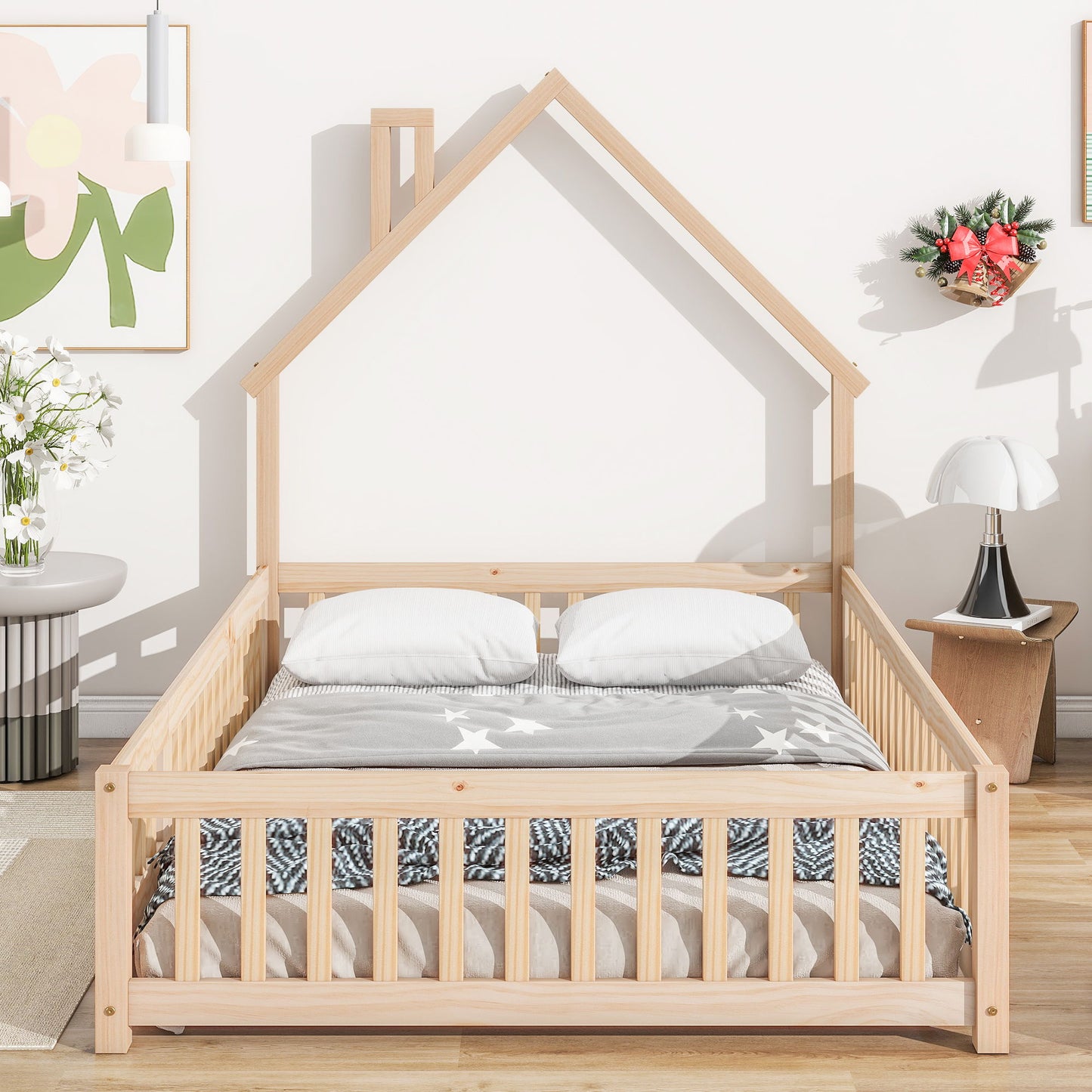 Full House-Shaped Headboard Floor Bed With Fence - Natural