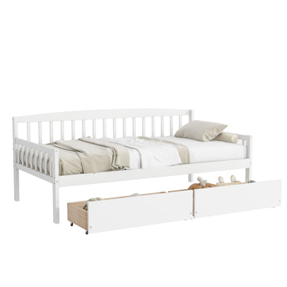 Twin Size Pine Wood Daybed With Two Storage Drawers, Sofa Bed With Bed Platform Of 10 Support Slats - White