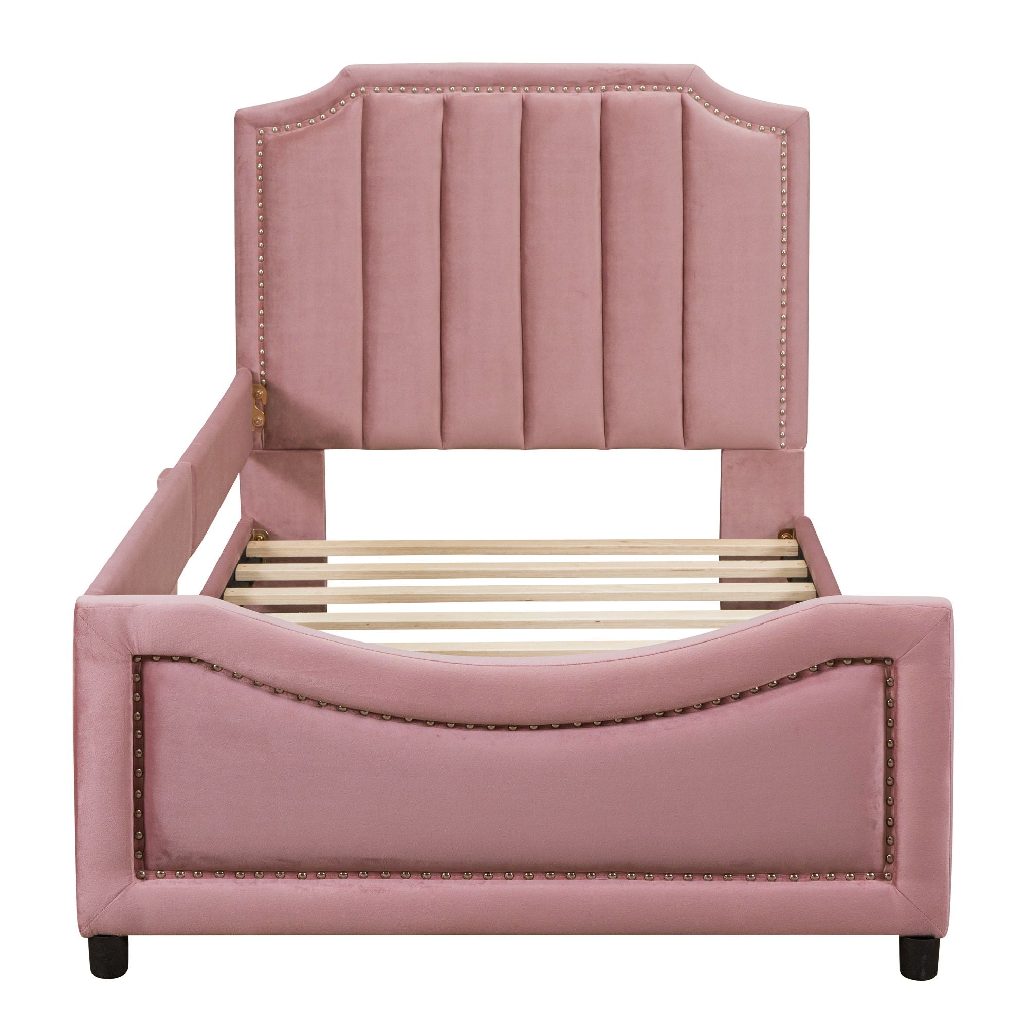 Twin Size Upholstered Daybed With Classic Stripe Shaped Headboard - Pink