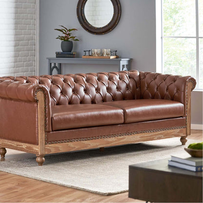 Comfy 3 Seat Sofa With Wooden Legs, Retro Style For Living Room And Study - Light Brown