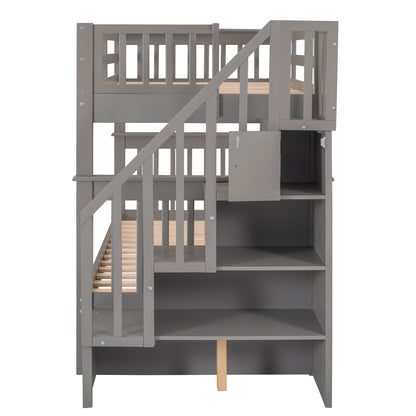 Stairway Twin Over Twin Bunk Bed With Storage And Guard Rail For Bedroom - Gray