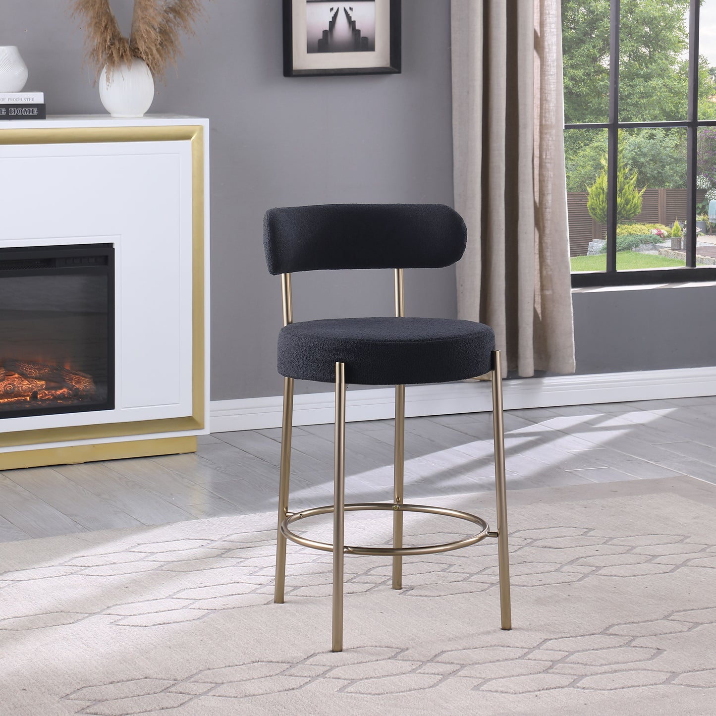 Modern Sherpa Counter Height Stools (Set of 2), Uphsoltered 26" Seat Height Barstools With Brushed Brass Metal Legs Round Low Back Kitchen Stools With Footrest For Dining Room - Black