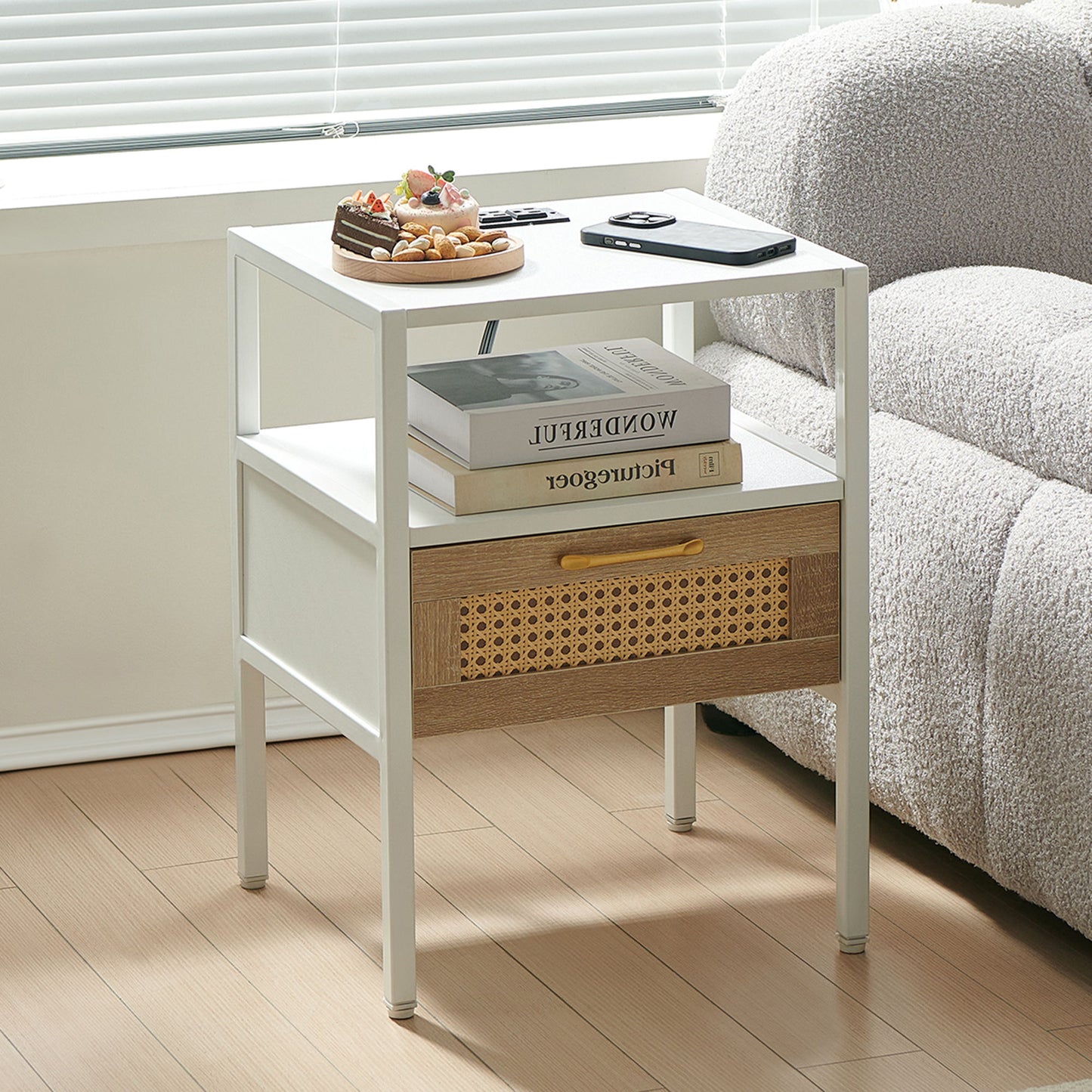 Rattan End Table With Power Outlet & USB Ports, Modern Nightstand With Drawer And Metal Legs, Side Table For Living Room, Bedroom - White