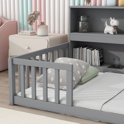 Twin Floor Bed With Bedside Bookcase, Shelves, Guardrails - Gray