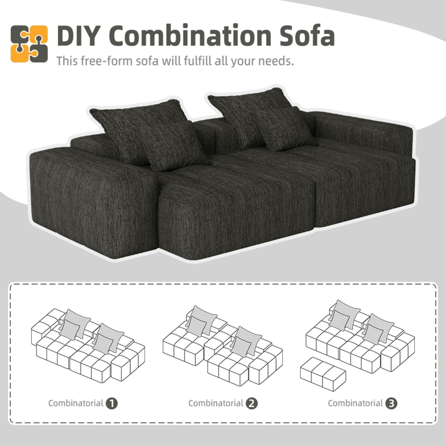 Modern Oversized Modular Sectional Sofa With 2 Chaise Lounge And 2 Armrest, Sparkling Chenille Fabric Soft Cushion Sofa With 4 Pillows, 4 Pieces Diy Combination Tufted Sofa, No Assembly Required - Black