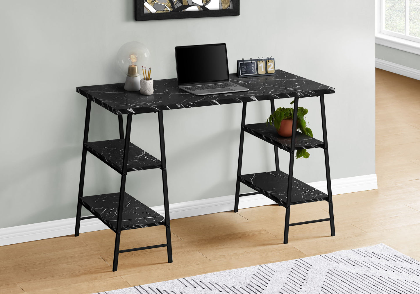 Computer Desk For Home Office, Laptop, Storage Shelves, Marble Look Contemporary & Modern - Black