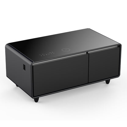 Modern Smart Coffee Table With Built-In Fridge - Bluetooth Speaker, Wireless Charging, Touch Control Panel, USB Interface, Outlet Protection, Atmosphere Light - Black