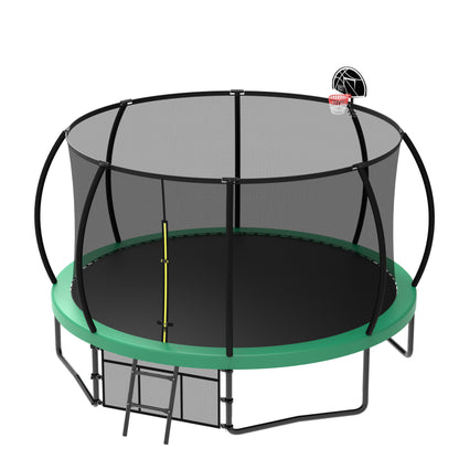 12Ft Recreational Kids Trampoline With Safety Enclosure Net & Ladder, Outdoor Recreational Trampolines - Green