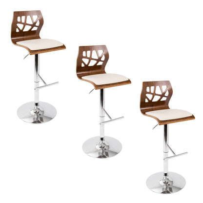 Folia - Mid-Century Modern Adjustable Barstool With Swivel With Straight T Footrest (Set of 3) - Chrome / Walnut / Cream