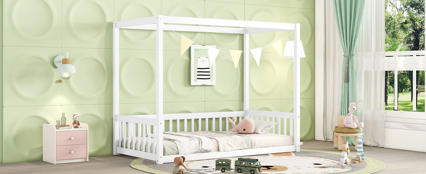 Twin Size Canopy Frame Floor Bed With Fence, Guardrails - White