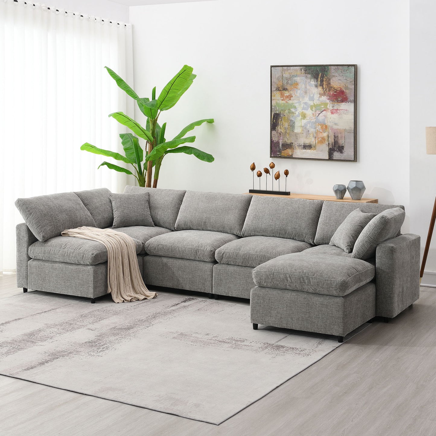 Modern Modular Cloud Sofa Bed, 6 Seat Chenille Sectional Couch Set With Ottoman, Free Combination, Convertible U Shaped Sleeper Sofa - Gray