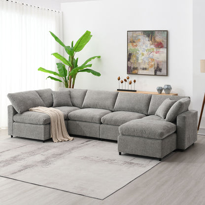 Modern Modular Cloud Sofa Bed, 6 Seat Chenille Sectional Couch Set With Ottoman, Free Combination, Convertible U Shaped Sleeper Sofa - Gray