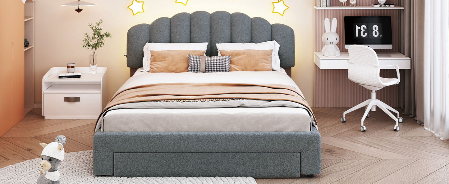 Queen Size Upholstered Platform Bed With Drawer - Gray