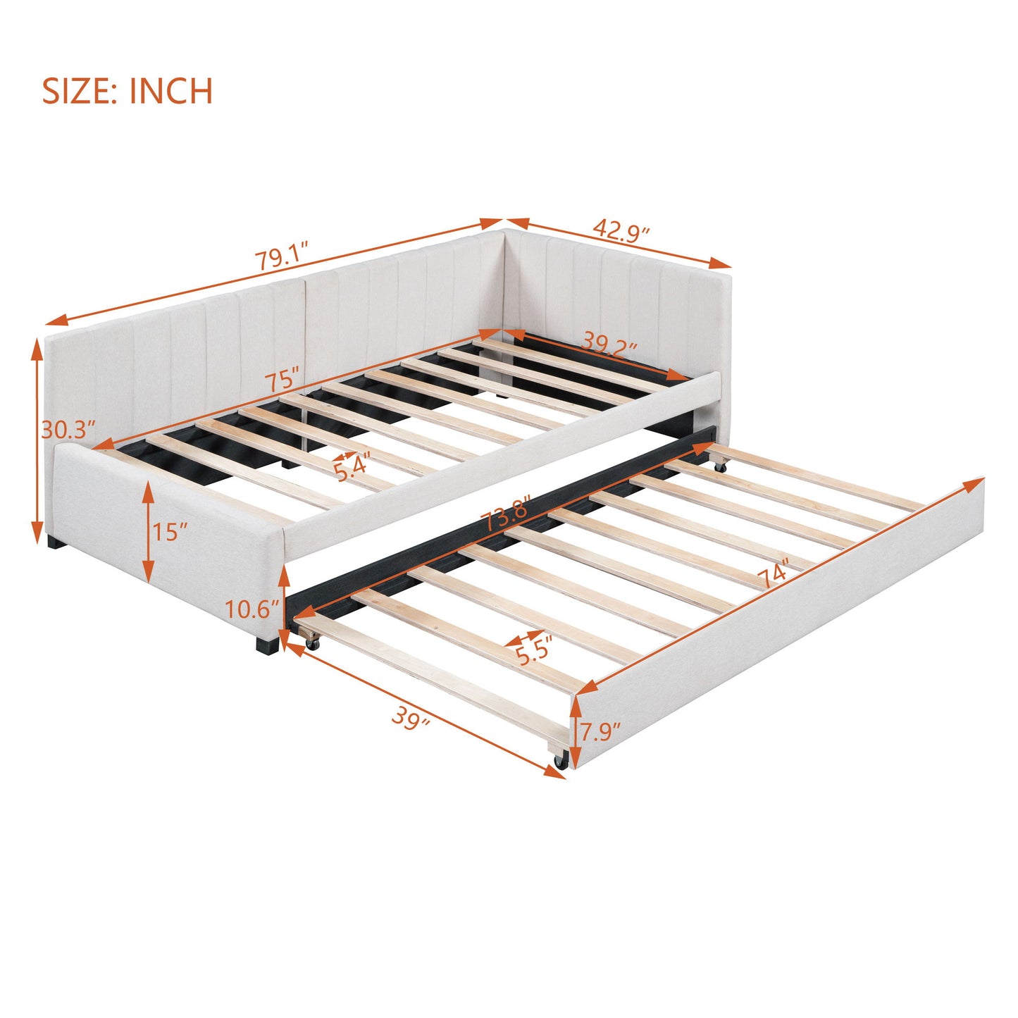 Twin Size Sofa Bed Upholstered Daybed With Trundle Frame No Box Spring Needed, Linen - Beige