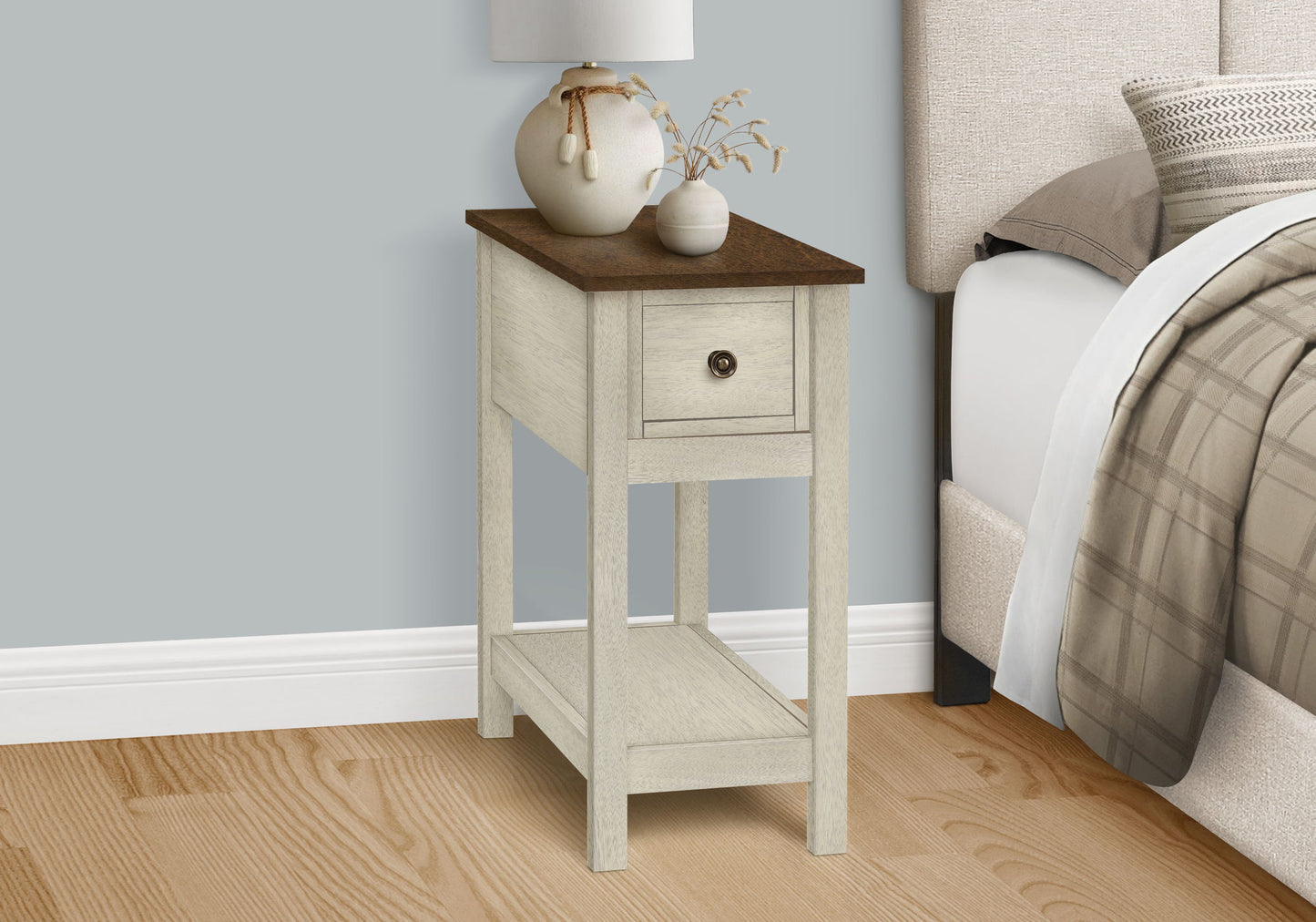 Accent End Table, 2 Tier, Narrow, Lamp, Storage Drawer, Transitional - White
