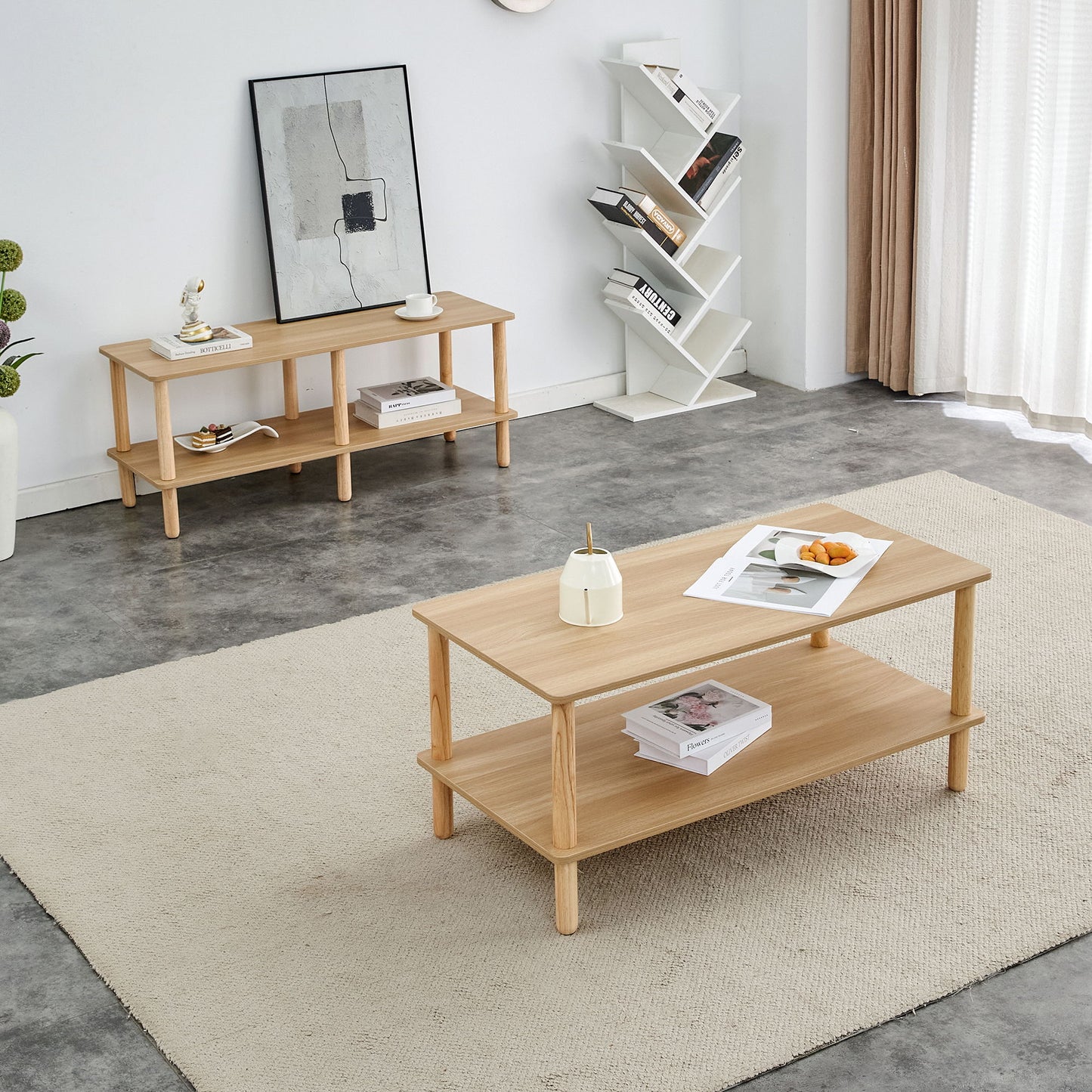 Modern 2 Tier Coffee Table For Living Room Furniture, Rectangular Center Table With Open Storage Shelf, Rounded Rubberwood Legs, Stable And Durable - Burly Wood