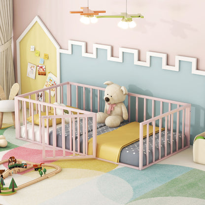 Twin Size Floor Bed Frame With Fence And Door - Pink