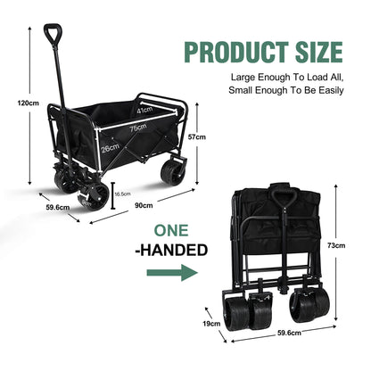 100L Collapsible Folding Beach Wagon Cart With 220Lbs Large Capacity, Wagons Carts Heavy Duty Foldable With Big Wheels For Sand, Garden, Camping - Black