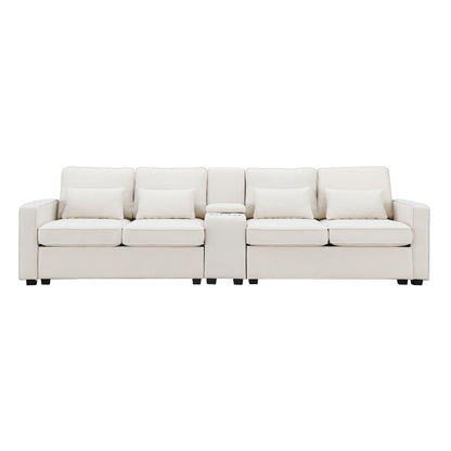 Upholstered Sofa With Console, 2 Cupholders And 2 USB Ports Wired Or Wirelessly Charged, Modern Linen Fabric Couches With 4 Pillows (4 Seat) - Beige