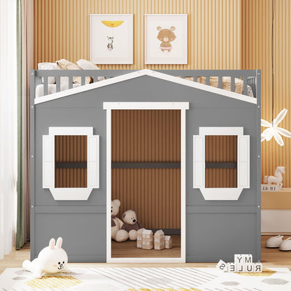 Full Size House Loft Bed With Ladder - Gray / White