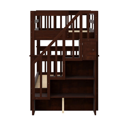 Twin Over Twin Stairway Bunk Bed With Storage And Guard Rail For Bedroom - Espresso