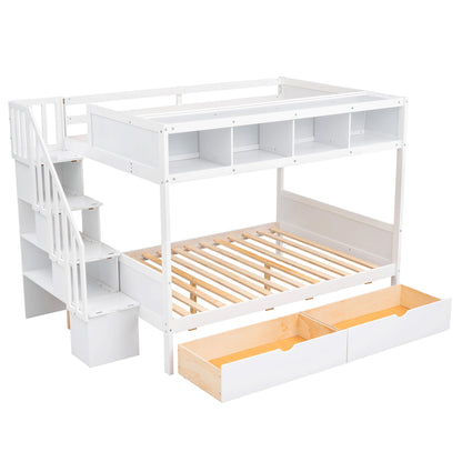 Twin Over Full Bunk Bed With Shelfs, Storage Staircase And 2 Drawers - White