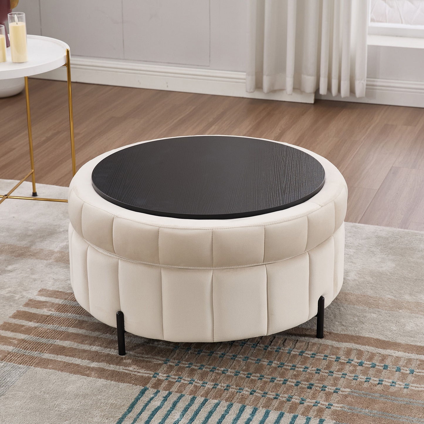 Upholstered Round Ottoman With Reversible Lid, Storage Stool, Channel Tufted Pumpkin Shape Footstool For Living Room, Bedroom And Office - Beige