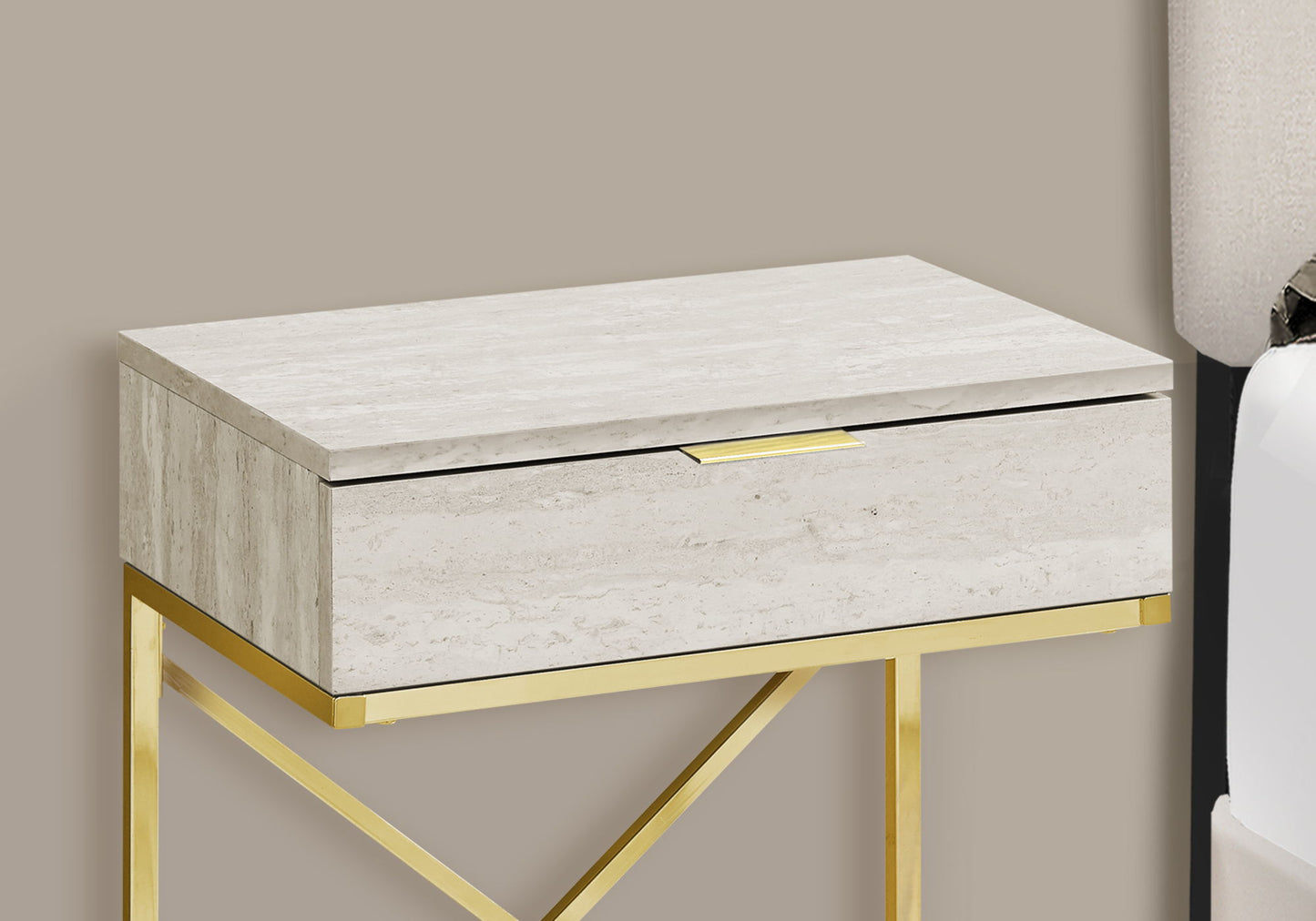 Accent Side Table, Storage Drawer, Marble Look Contemporary & Modern - Beige