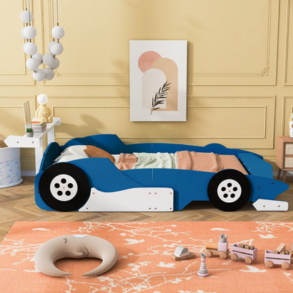 Full Size Race Car Shaped Platform Bed With Wheels - Blue