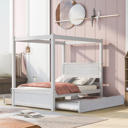 Full Size Canopy Platform Bed With Trundle Bed And 2 Drawers, Support Slats, No Box Spring Needed - Brushed White