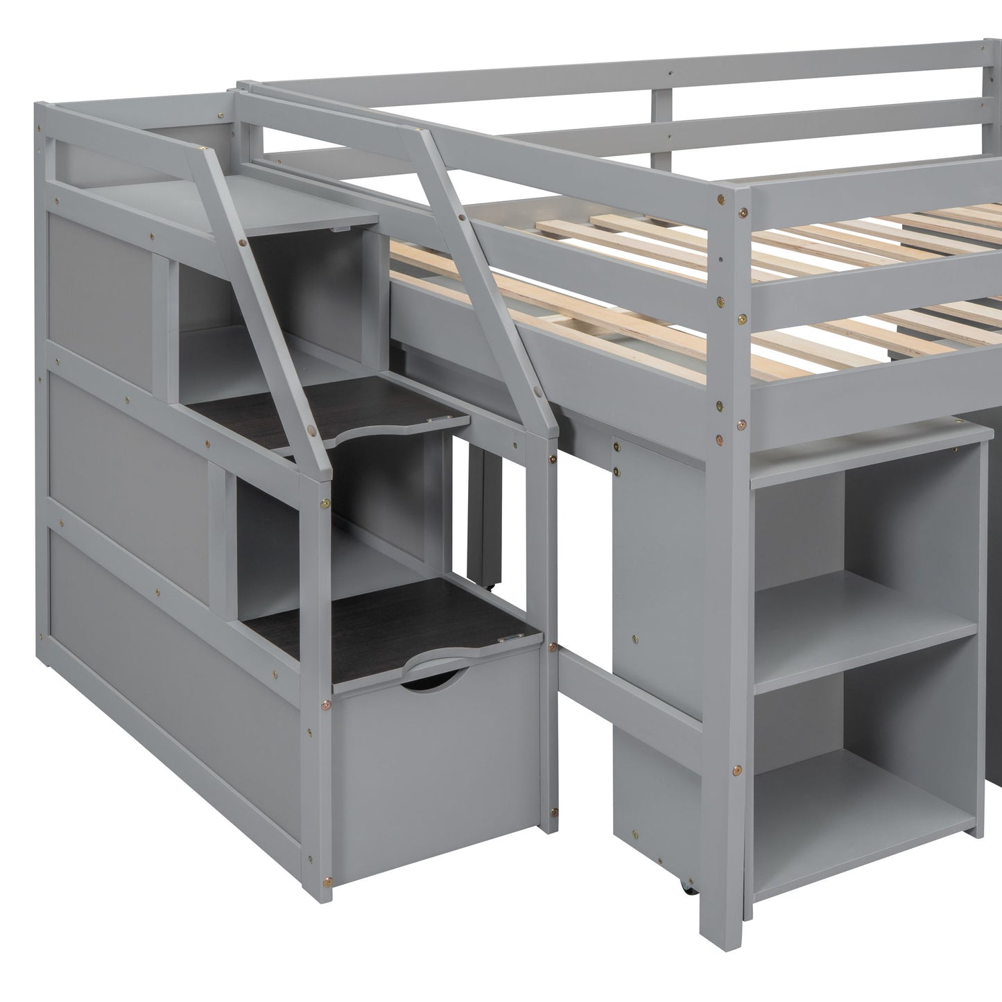 Full Size Loft Bed With Retractable Writing Desk And 3 Drawers With Storage Stairs And Shelves - Gray