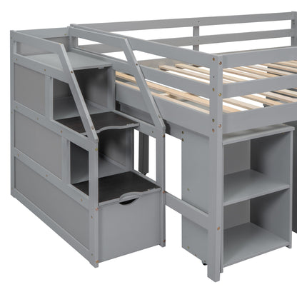 Full Size Loft Bed With Retractable Writing Desk And 3 Drawers With Storage Stairs And Shelves - Gray