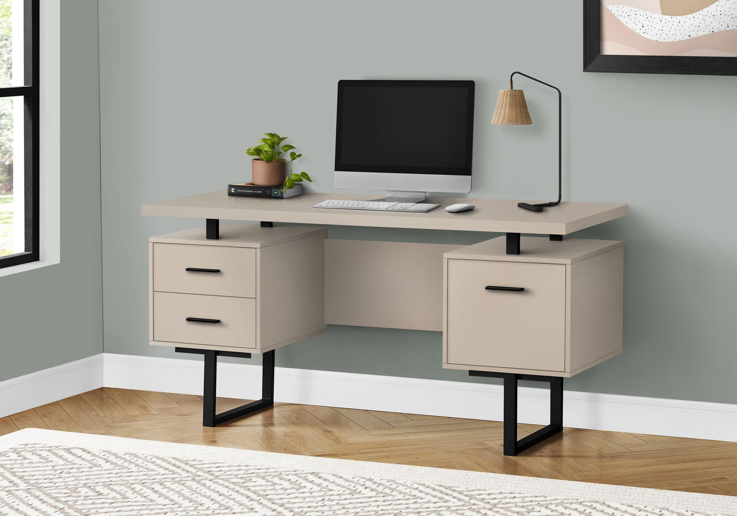 Computer Desk For Home Office, Laptop, Left, Right Set - Up, Storage Drawers, Contemporary & Modern - Taupe / Black