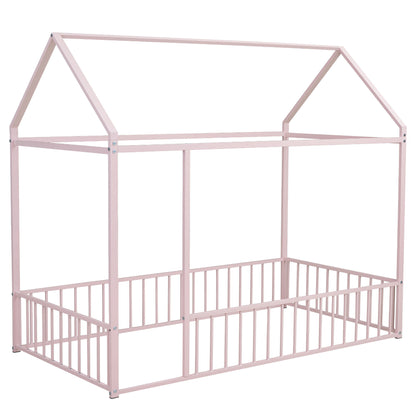 Twin Size Bed House Bed Frame With Fence - Pink