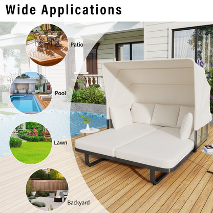 Outdoor Patio Daybed Rattan Daybed Outdoor Sunbed With Detachable Pillows For Patio, Backyard, Pool - Beige